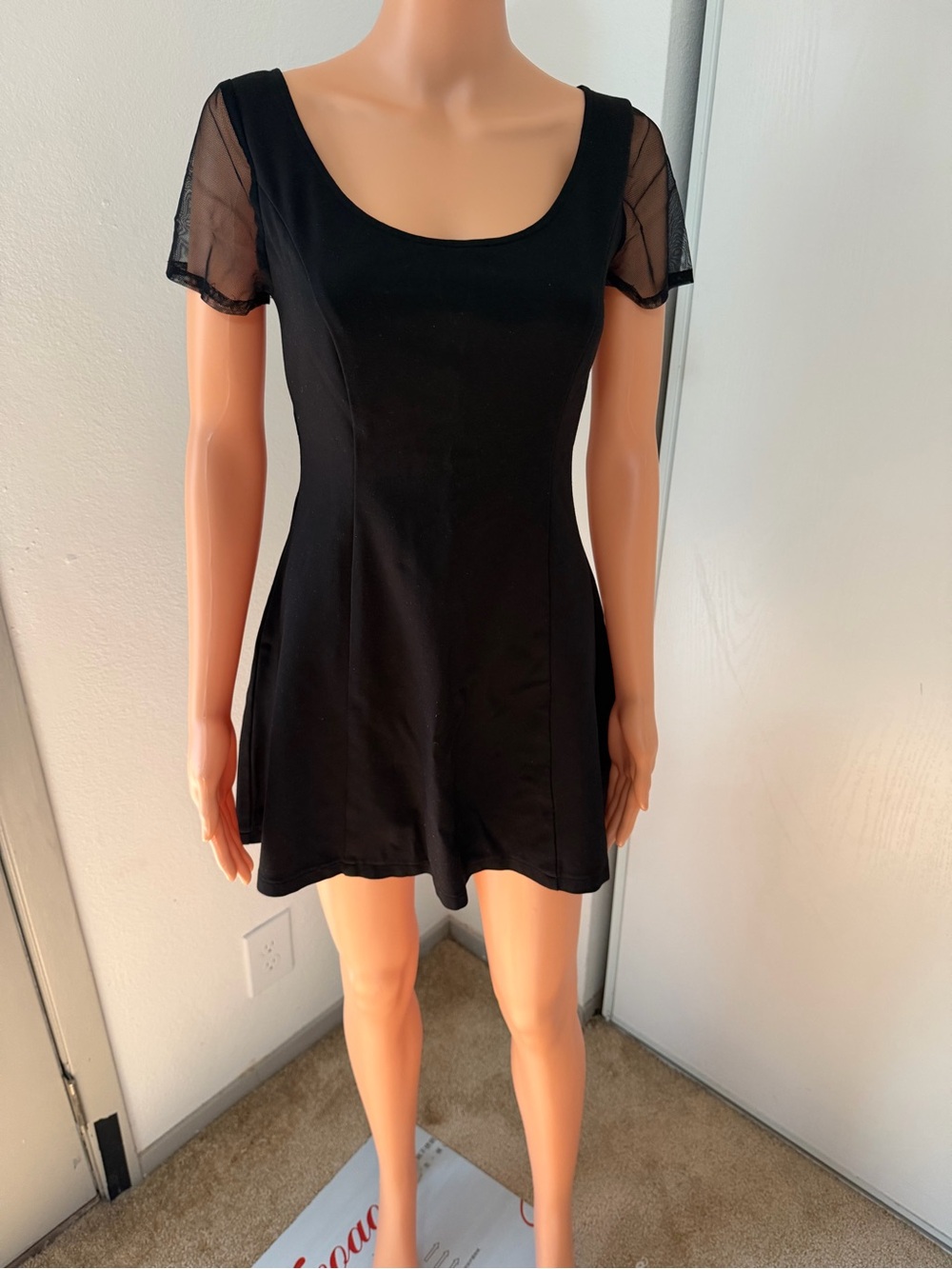 Black Mesh Sleeve Mini Dress Sheer Back Skater Dress S